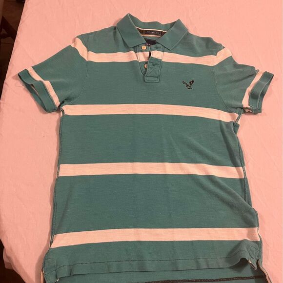 american eagle teal and white striped polo shirt mens medium - Picture 1 of 4